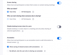 Screenshot of sharing screens settings